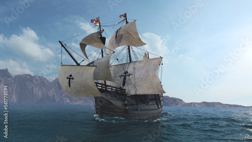 The NAO VICTORIA is the flag ship of the MAGELLAN armada. A scientific 3D-reconstruction of a spanish galleon fleet in 1521 AD. sails ahead of the global circumnavigational expedition