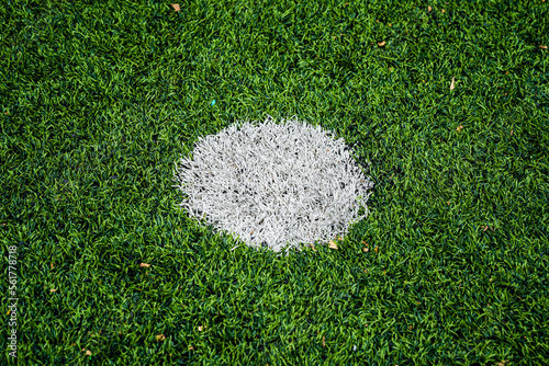 A penalty spot in football pitch Background soccer pitch grass football stadium ground view. 