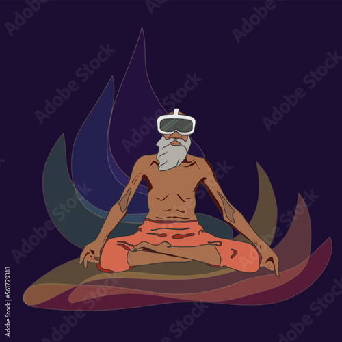 Old buddhist meditating wearing VR helmet. Vector illustration in comix drawing style