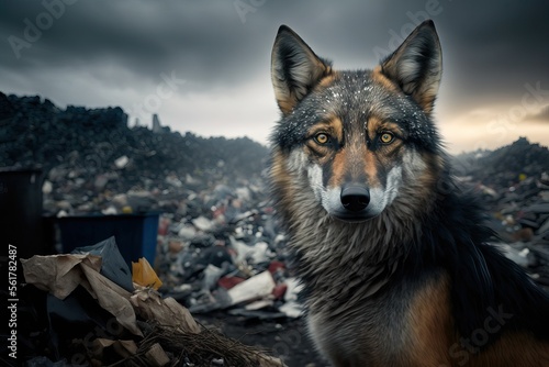Wolf auf einer Müllhalde, Umweltverschmutzung - ai generiert