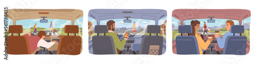 Driving vehicle and being distracted from road. People driving transport do not looking at street and pedestrians, cause of accident. Vector in flat style