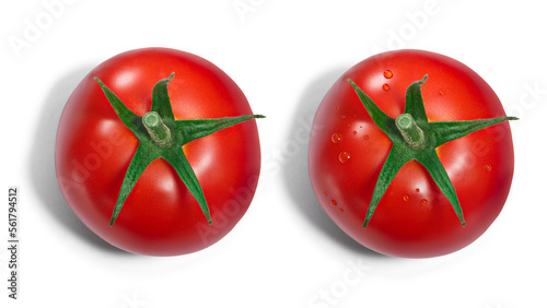 Single fresh ripe round tomato with sepal, with and without dewdrops, top view isolated png