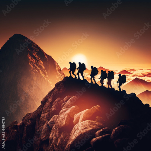 Hikers reaching the top of a mountain at sunset. Generative AI.