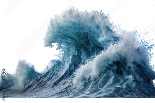 Large stormy sea wave in deep blue, isolated on white. Nature of the climate. in front. Generative AI