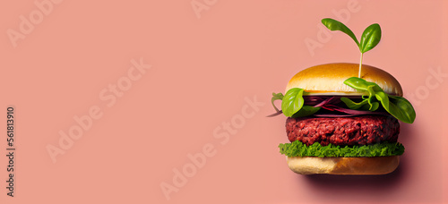 Isolated vegan burger with copyspace. Alternative, alt protein, plant based food. Vegan-friendly, environment friendly. Veganuary. Climate-friendly eating. Eat less meat. Healthy eating. Generative AI