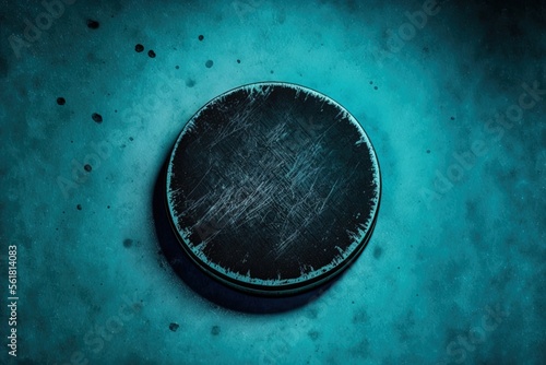 Top view of a hockey puck on a blue ice rink. Generative AI