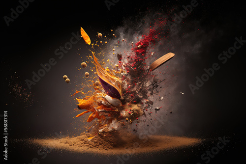 Explosion of spices against a dark background. Generative AI