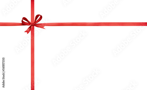 A large red ribbon bow on the left of a long straight piece of ribbon and a vertical piece to be used as a border for a birthday or Christmas banner, border isolated against a transparent background