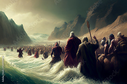 Exodus of the bible, Moses crossing the Red Sea with the Israelites, escape from the Egyptians, illustration, generative AI 