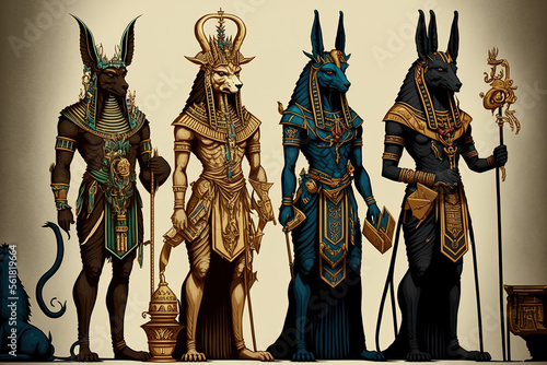 Egyptian deities including Anubis, Seth, Hathor, and Horus. Generative AI