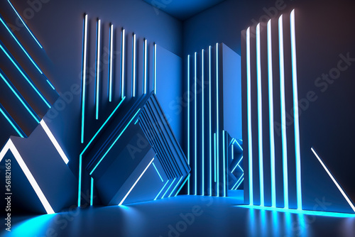 Blue empty scene with diagonal white and blue line neon lamps on background. Digital artwork