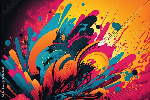  a colorful abstract background with splashes and drops of paint on it, including a black background and a yellow background with a red center and blue border, and ora Generative AI