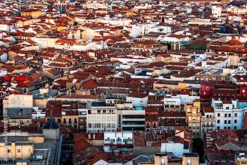 Full Frame Aerial View of Downtown Madrid. Central Madrid. Evening