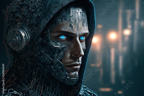 A futuristic anime style cyborg man with bright blue eyes in a hood, generative ai