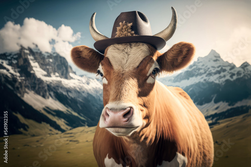 Lustige Kuh mit Hut in den Bergen - Generative AI