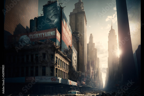Abandoned New York City in the future. Empty roads and a dystopian atmosphere in a post-apocalyptic NYC.