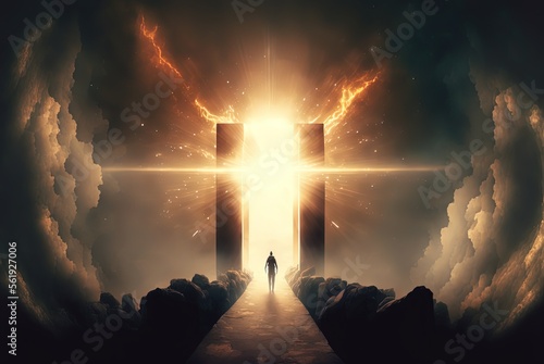 way path to heaven with light glow from the eternal horizon, concept of adventure to unknown place , big gate with a man in front of it, Generative AI