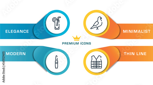 diving outline icons with infographic template. thin line icons such as lemonade, bullets, pigeon, lifejacket vector.