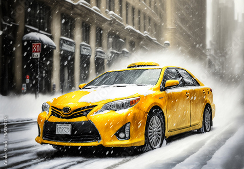 Yellow Taxi car in a city during blizzard, copy space. Illustration created with Generative AI technology