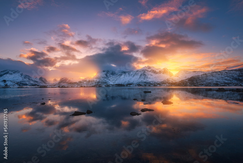 Sea coast, beautiful snowy mountains and colorful sky with clouds and golden sunlight at sunset in winter. Lofoten islands, Norway. Landscape, rocks in snow, reflection in water at dusk. Scenery