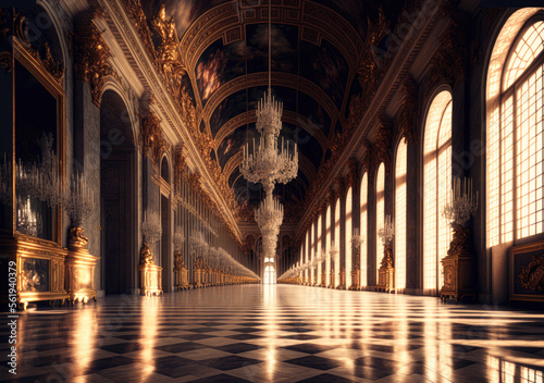 The hall of mirrors in the central wing of Palace of Versailles, France - illustration - AI Generated