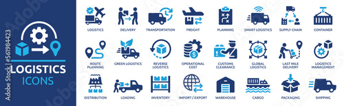 Logistics icon set. Containing distribution, shipping, transportation, delivery, cargo, freight, route planning, supply chain, export and import icons. Solid icon collection.