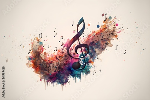 Colorful musical note drawn, color explosion, white background.