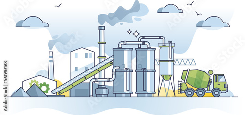 Cement factory for concrete material supply and production outline concept. Manufacturing building element with storage cistern tank, mixer vehicle and large produce plant pipeline vector illustration
