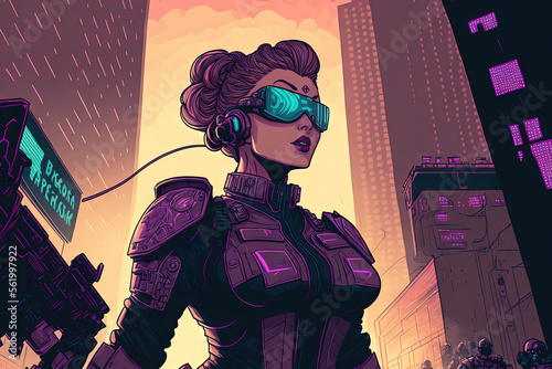 An illustration of a science fiction female law enforcement officer patrolling a futuristic city is called the cyberpunk police woman. Generative AI