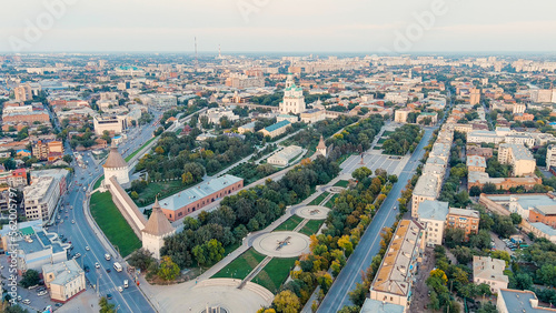 Astrakhan, Russia. Cathedral of the Assumption of the Blessed Virgin. Astrakhan Kremlin during sunset, Aerial View