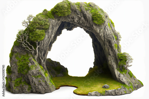cut out woodland arch made of natural rock. Isolated stone arch against a white background. Old boulder and moss covered cave entrance. Generative AI