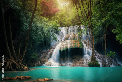 Beautiful waterfall with a forest backdrop is Erawan waterfall in Kanchanaburi, Thailand. Generative AI