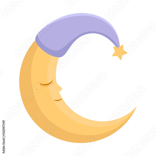Cute good night bright crescent moon in a nightcap, vector illustration. Cartoon drawing of lullaby element for children isolated on white background. Bedtime, decoration concept