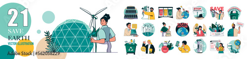 Save Earth concept with character situations collection. Bundle of scenes people collect garbage, recycling waste, using green energy, protecting environment. Vector illustrations in flat web design