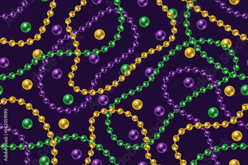 Seamless Mardi Gras pattern with beads, strings beads on dark background. Wavy lines. Vector illustration