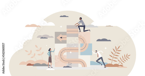 Project strategy planning or business management teamwork tiny person concept, transparent background. Choosing successful strategy together for organization development and growth illustration.