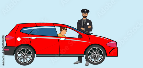 European traffic police officer pulls over a red car on a city road. Do not start arguments or act irritated or belligerent with police. Yelling angry male driver. Flat illustration template.