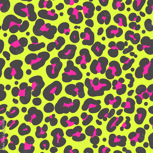 Leopard print seamless pattern. Neon cheetah skin 80 90s design. Black and pink spots on bright yellow background. Vector