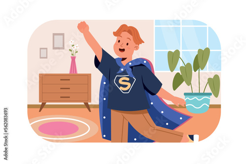 Children playing concept with people scene in flat design. Cute teenager boy in superman cape imagines and plays superheroes in room at home. Vector illustration with character situation for web