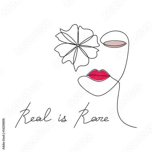 Fashion vector illustration. Real Is Rare phrase with hand drawn woman face silhouette. One line continuous drawing. Quote slogan handwritten lettering. Calligraphic text design, print, poster.