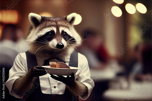 Funny raccoon dressed as a waiter, portrait.