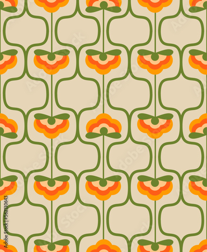 70's retro seamless vector pattern. Geometric floral vintage background. Abstract seventies texture