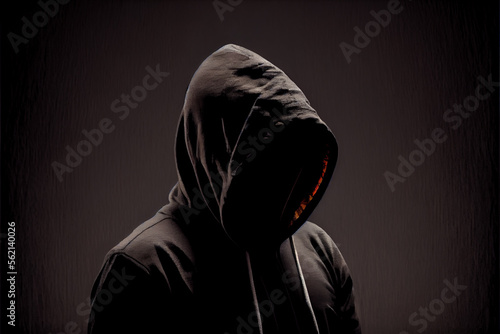 mystery crime conspiracy concept, faceless person wearing black hoodie hiding face in shadow
