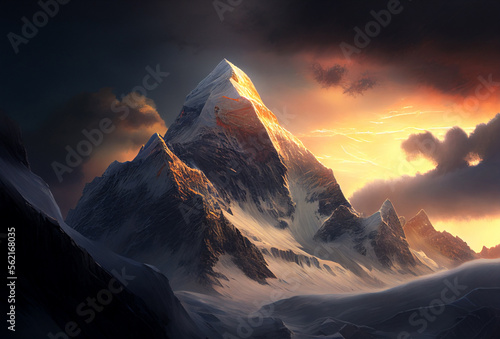 View of top of Mount Everest. Nepal. Generative AI Art. Beautiful sunset.