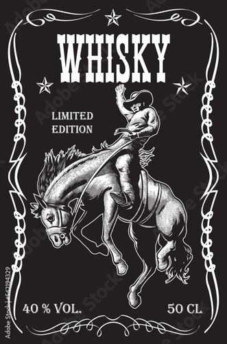 vector image of vintage label with a cowboy riding a wild horse for whiskey in art style 