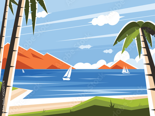 Picturesque tropical island. Wild beach. Sailing boat in the sea on a background of mountains. Vector graphics