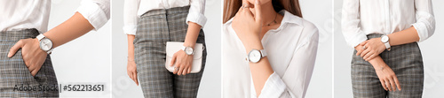 Collage of pretty young businesswoman with stylish wristwatch on light background, closeup