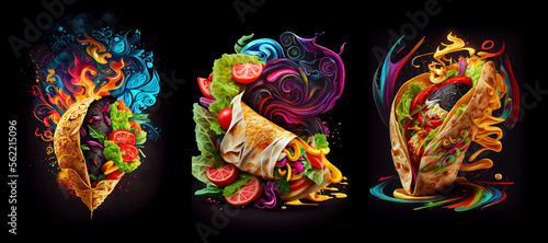 Set of cartoon doner kebab, wrap, shawarma. AI generative..