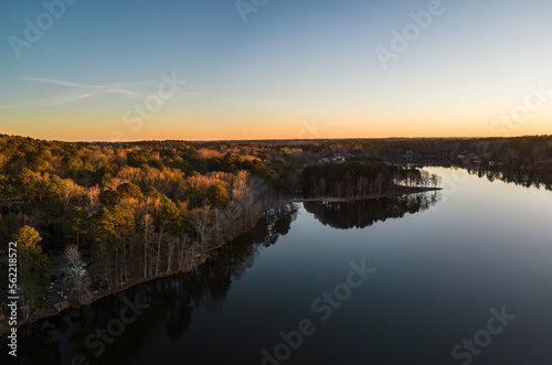Beautiful aerial view of a lake at sunset, nature. ozark lakes, peachtree city.