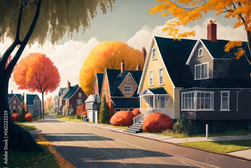 Cottage-lined street in the suburbs on an autumn afternoon Generative AI